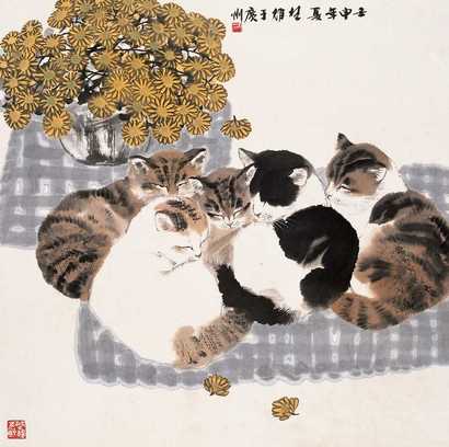 方楚雄 菊花小猫 镜心